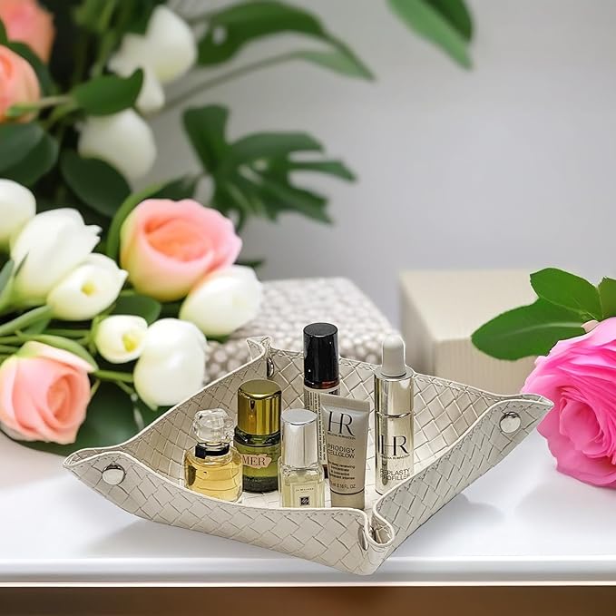 UnionBasic Small Valet Tray, Jewelry Tray for Rings Watches Earrings, Entryway Catchall Caddy for Coins Keys Change, Nightstand Bedside Valet Holder, Trays for Electronic Gadgets, Woven Beige