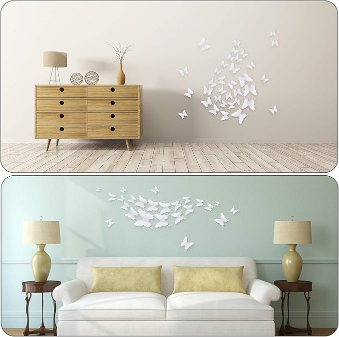 BBTO 48 Pieces Butterfly Wall Decor DIY 3D Mirror Butterfly Stickers Removable Decals Crafts for Birthday Party Bedroom School Bathroom Living Room Decor(White)