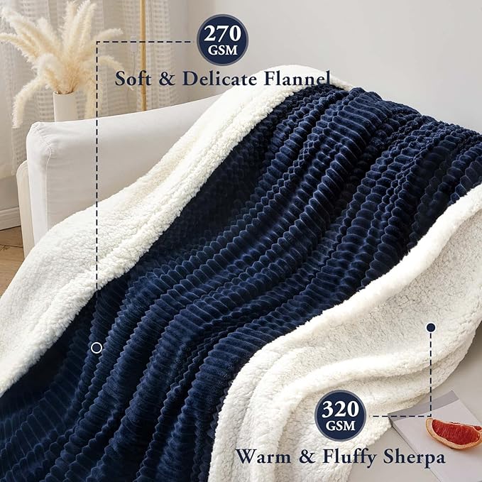 LBRO2M Striped Sherpa Fleece Bed Blanket Queen Size, Super Soft Fuzzy Plush Warm Cozy Fluffy Microfiber Couch Throw Velvet Double Reversible Luxurious Blankets (90x90),Navy Blue