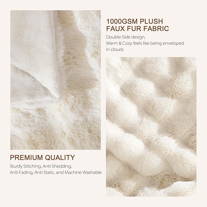 Luxury 1000GSM Faux Rabbit Fur Throw Blanket, Super Heavy Warm Cozy Blankets for Couch Bed Sofa, Bubble Plush Fuzzy Elegant Soft Reversible Mink Blanket for Living Room Bedroom, Cream White