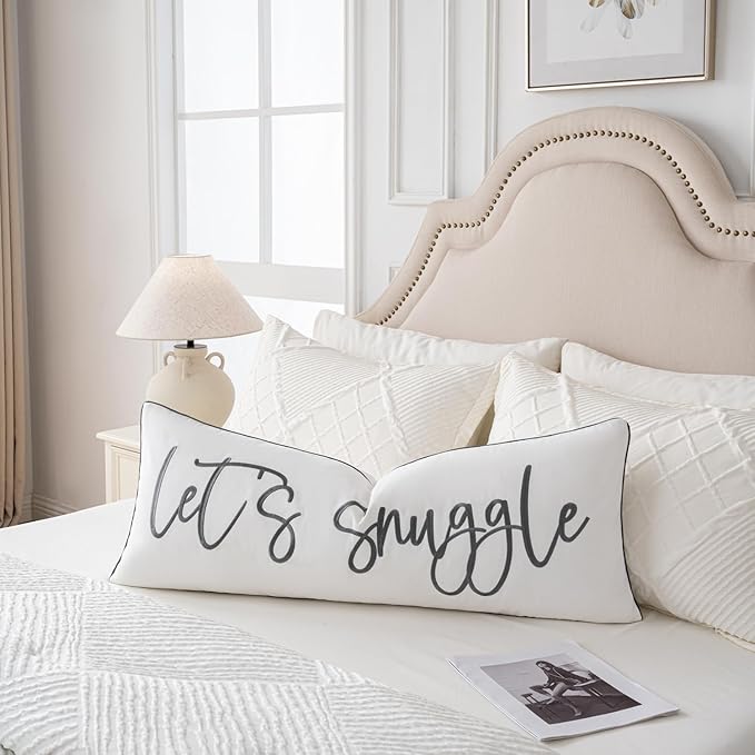 Sunkifover Let's Snuggle Decorative Lumbar Pillow Cover - 14x36 Inch White and Grey Cotton Embroidery Throw Pillowcase for Bed, Bedroom, Living Room, Home Decor