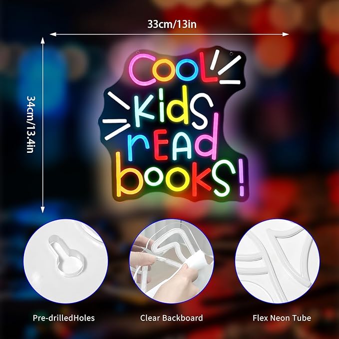Neon Sign, Gdbkabf Cool Kids Read Books Neon Signs for Wall Decor LED Light Up Signs Home Decor for Classroom, Bedroom, Reading Corner, Study Room, Library Decoration USB Operated