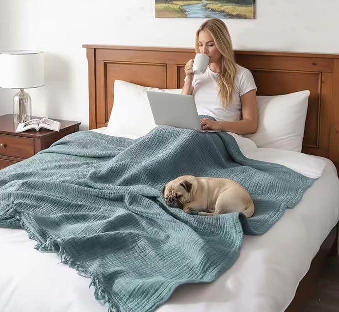 KyraHome Muslin Blankets for Adults, Kid,100% Organic Cotton Blanket Plant Dyed, Breathable Lightweight Gauze Throw Blanket for Couch, All Season (Slate Blue)