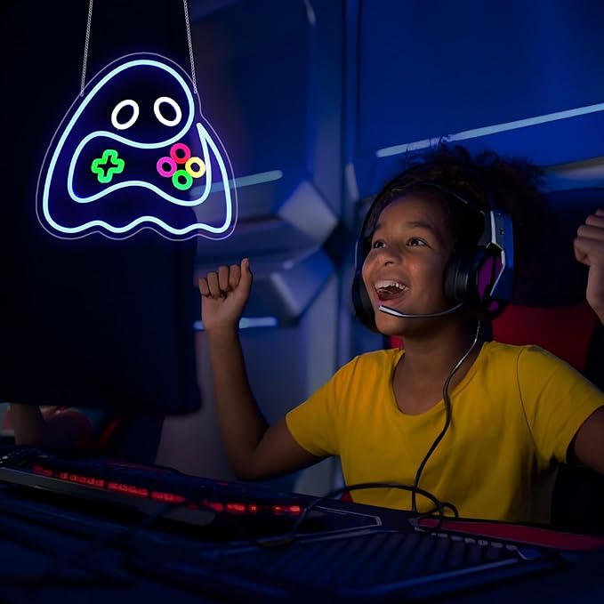 Neon Sign, HSJNJKFU Game Neon Signs for Wall Decor Ghost Gaming Led Light up Signs for Room Home Halloween Playroom Party Bar Beer Signs for Man Cave - LED Neon USB Powered