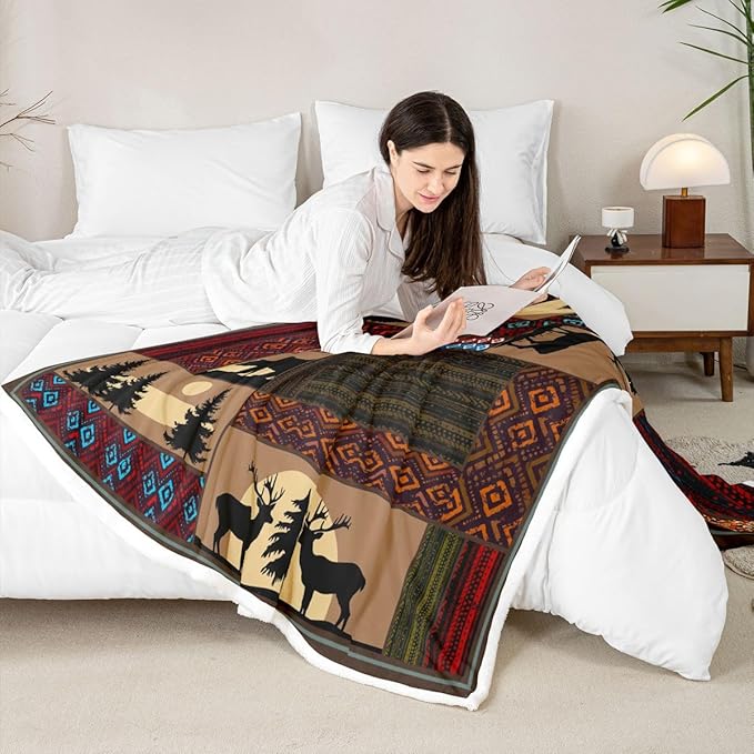 Deer Moose Bear Fleece Blanket Twin 60"X80",Boho Aztec Sherpa Blanket Western Rustic Woodland Throw Blanket For Bed Sofa Couch,Pine Tree Red Brown Stripe Bed Blanket For Country Lodge Cabin Decor