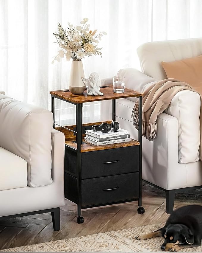 360° Swivel Nightstand with Height Adjustable, Lift Top Bedside Table with Charging Station, Rolling Night Stand with 2 Fabric Drawers, End Table with Wheels, for Bedroom, Living Room, Brown Black