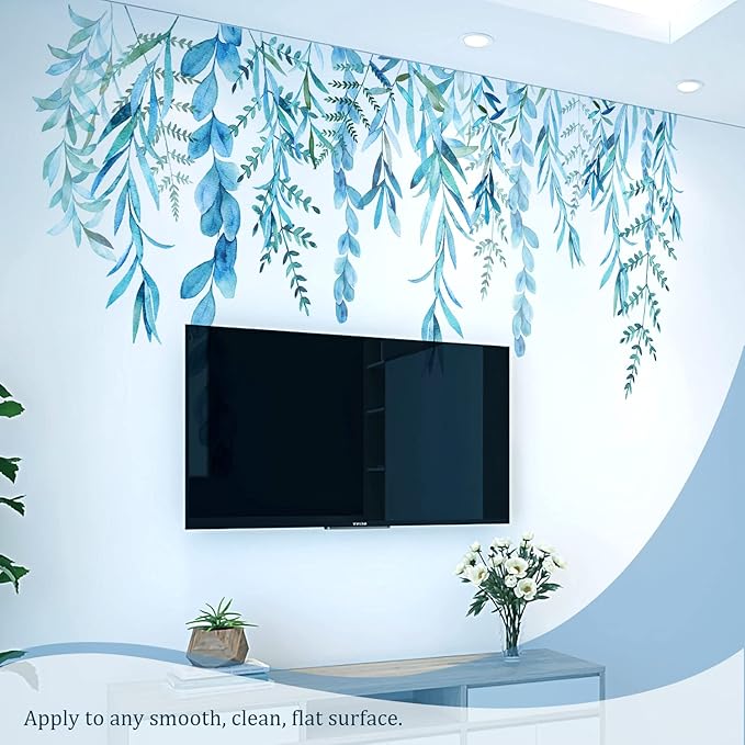 Blue Hanging String of Willow Wall Decals Peel and Stick, Large Plants Vinyl Wall Stickers, Removable Vine Home Decor Art for Bedroom Living Room Classroom Office