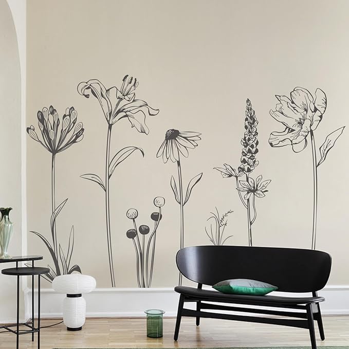 Large Boho Black Flower Wall Decals Simple Sketch Wildflower Floral Wall Stickers for Girls Bedroom Living Room Bathroom Office Adult Home Decor