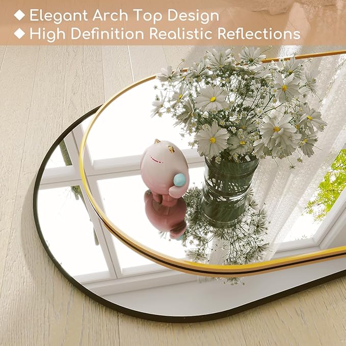 Arched Full Length Mirror, 64 "x 21" Floor Length Mirror with Stand, Wall Mounted Mirrors, Standing Mirrors with Aluminum Alloy Frame, Freestanding, Wall-Mounted or Leaning(Gold)