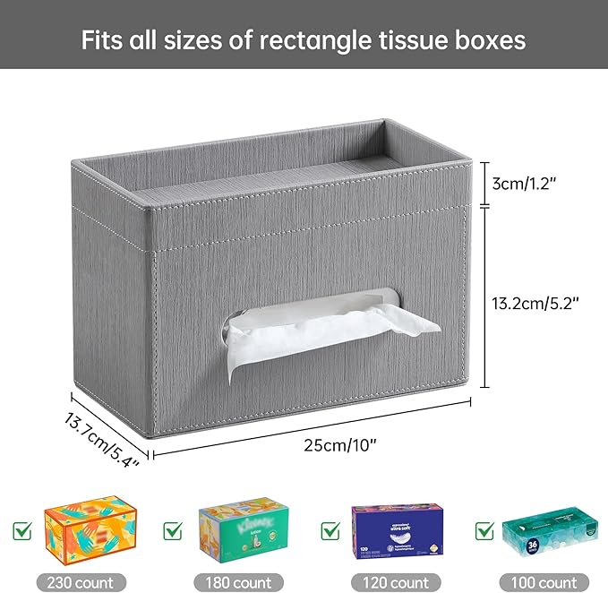 Plus Size Tissue Box Cover Rectangle, PU Leather Tissue Box Holder with Storage Tray, Decorative Organizer Tissue Holder for Bathroom, Bedroom Dresser, Night Stand, Office (Grey)