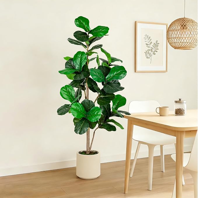 5FT Fiddle Leaf Fig Artificial Tree with White Planter Pot,Faux Floor Plant, Indoor and Outdoor Fake Plants for Home Office Decor