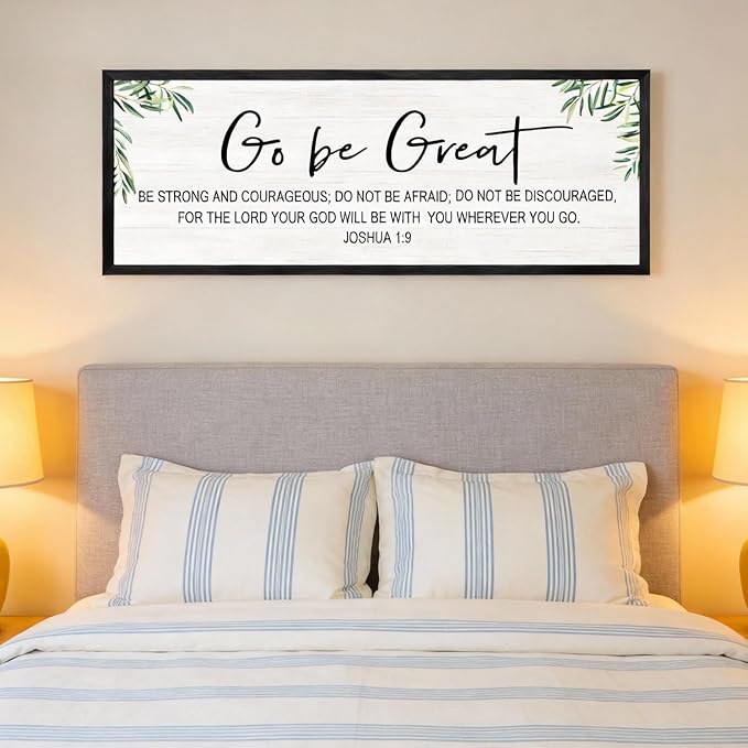Go Be Great Wall Decor: 40x15 Inch Large Framed Bible Verse Wall Art, Joshua 1:9 Scripture Sign, Christian Wall Decor for Bedroom Living Room, Black Wooden Frame, Natural, Black