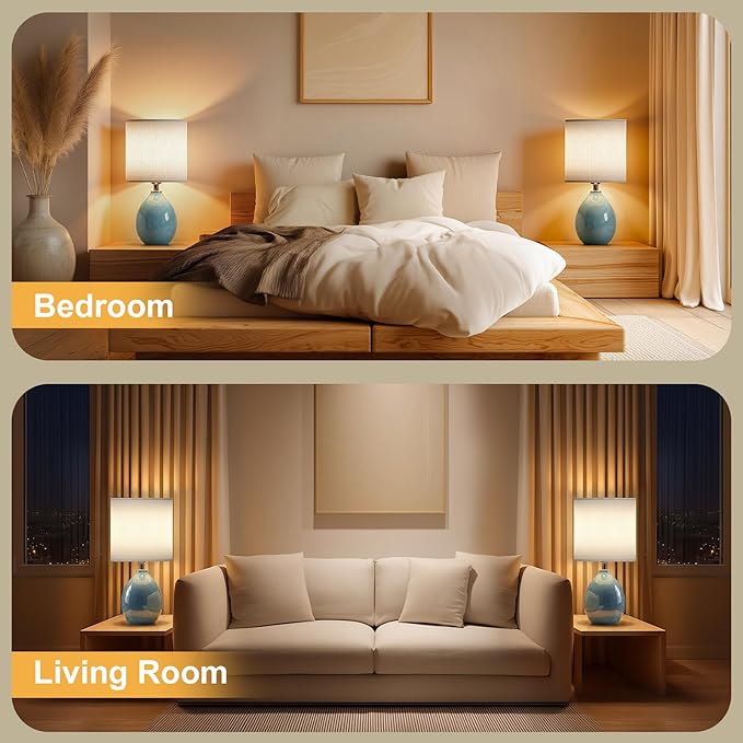 18.5" Table Lamp Set of 2 for Living Room Bedroom, Bedside Lamps for Night Stands, Desk Nightstand Lamp Dimmable, Modern Linen Cream Ceramic Lamps (Blue)