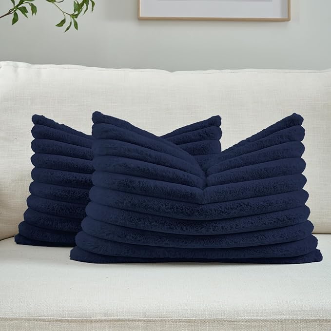 FUTEI Dark Navy Decorative Throw Pillow Covers Set of 2, 12x20 Inch Soft Fluffy Faux Fur Plush Striped Lumbar Pillowcases, Modern Home Decor for Couch Bed Living Room