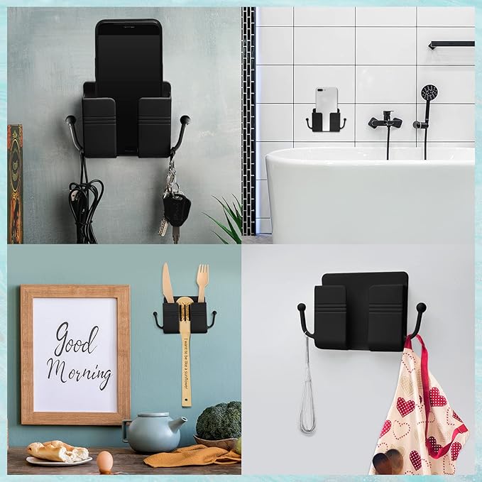 Jetec 6 Pcs Wall Mount Phone Holder Self-Adhesive Wall Beside Organizer Storage Box Plastic Charging Phone Stand Remote Brackets Holder for Bedroom(Black)