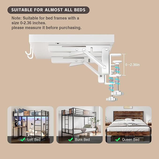 Foldable Bedside Shelf, Metal Clip-On Bunk Bed Table Shelf for Top Bunk Heavy Duty Bed Side Table Tray for College Dorm Room Essentials, Loft Nightstand Organizer Tray with 3 Cord Hole(White)