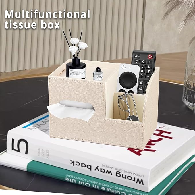 PU Leather Tissue Box Cover Square,Tissue Box Holder Organizer with Storage Tray and Remote Control Holder for Bathroom Countertop Night Stands Bedroom Office Desk,Napkin Caddy Decorative Black