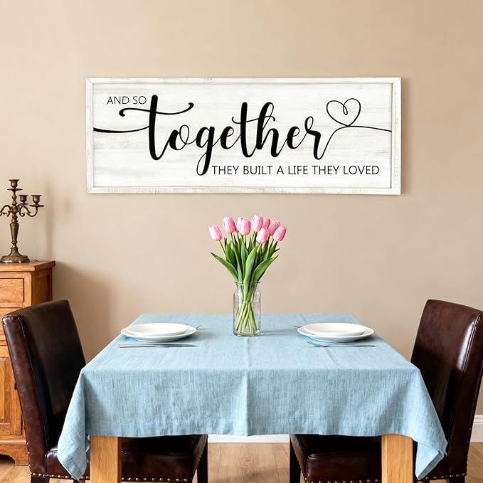 And So Together They Built A Life They Loved Decorative Rustic Sign & Plaque Framed Wall Art for Couples, 40''×15' Wooden Long Wall Decor Above Bed, Vintage Horizontal Farmhouse Wedding Gift
