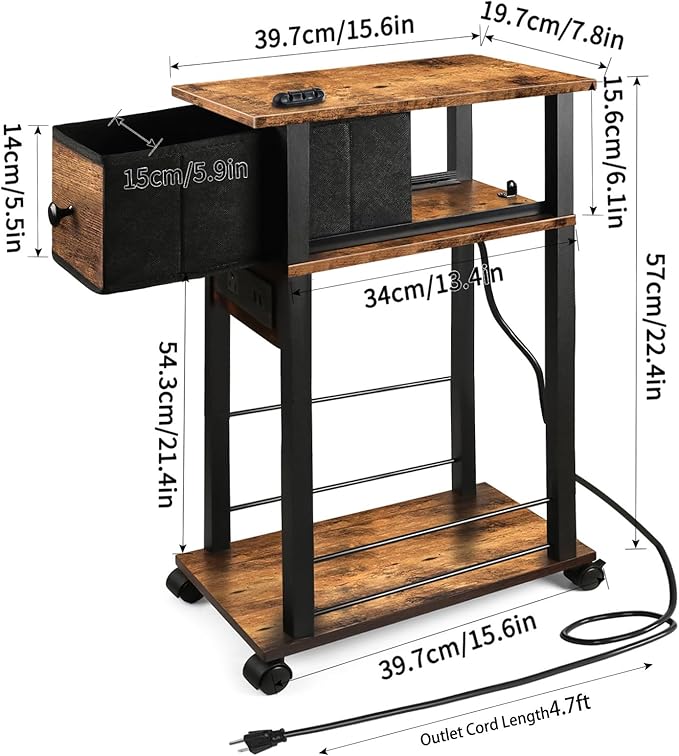 2 Pack Narrow Side Table- Nightstand with Charging Station (2 USB + 1 AC Outlet) & Drawer, Mute Wheels for Minimalist/Bedroom/Living Room/Office(Rustic Brown + Black)