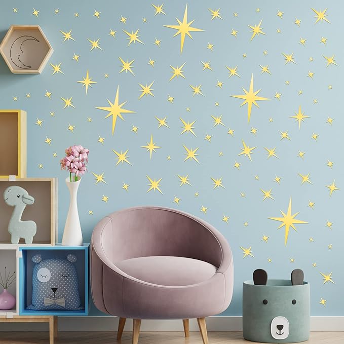 Zonon 82 Pieces Mirror Wall Stickers Star Wall Decals Decor Removable 3D Acrylic Mirror Star Setting Sticker for Ceiling Home Bedroom Living Room Girls Room Decor(Gold)