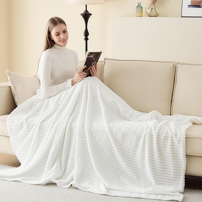 EMME Fleece Throw Blanket Luxury Flannel for Couch Bed Sofa Chairl, Soft, Plush, Warm and Cozy Blanket with Geometric Grid Design (White, 80'' x 90'')