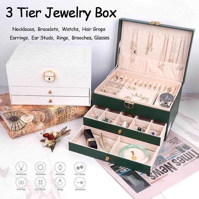 3 Layer Jewelry Box Organizer with Drawers, Lockable PU Leather Jewelry Storage Case for valentine gifts Necklace Earring Ring Bracelet Watch, White