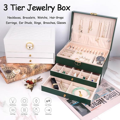 3 Layer Jewelry Box Organizer with Drawers, Lockable PU Leather Jewelry Storage Case for valentine gifts Necklace Earring Ring Bracelet Watch, White