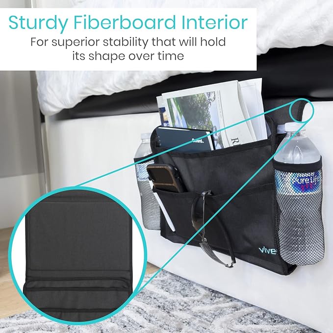 Vive Bedside Caddy - Bed Hanging Organizer - Storage Bag Shelf for College Dorm, Bedroom, Couch, Bunk - 8 Large Pockets with Charger Slots for Men and Women - Slides Under Mattress - Handle for Travel