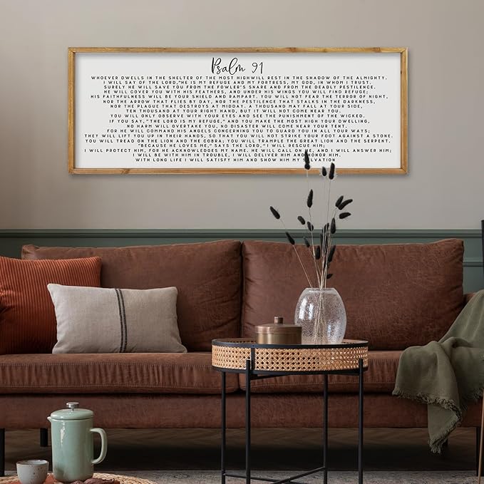 comurdyo Psalm 91 Wall Art Decor 32"X12" Christian Bible Verse Prayer Sign for Large Vintage Farmhouse Wood Framed Minimalist Family Living Room Wall Plaque Horizontal Hanging Decor (Wood)
