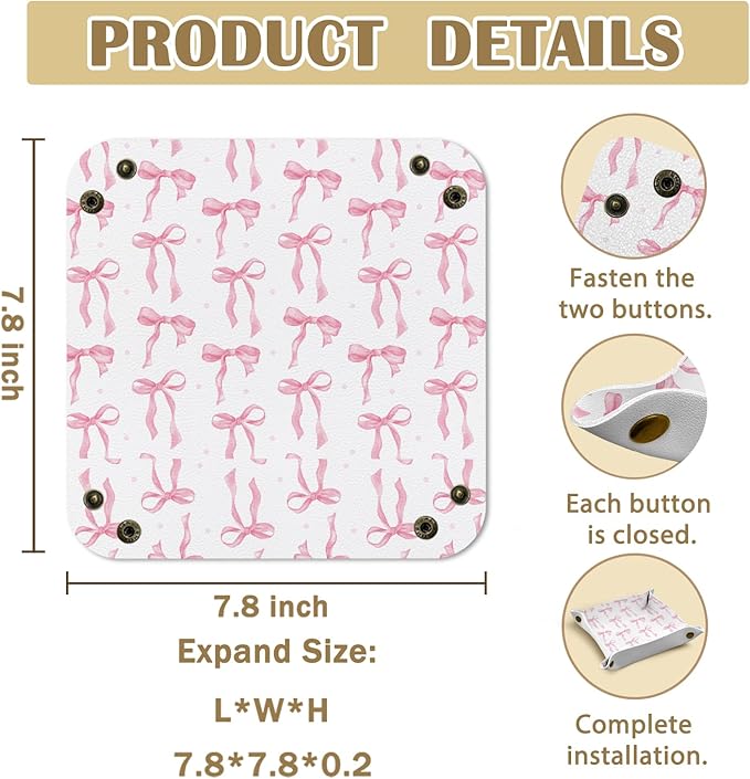 Coquette Pink Bow,Graduation Gifts,Graduation Gifts for Her,Jewelry Valet Tray for Women PU Leather Catchall Beside Caddy Nightstand Organizer Tray for Jewelry Rings Watches Keys,7.87x7.87