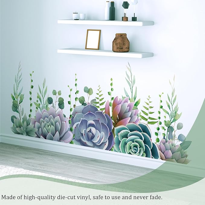 Succulent Plants Leaves Wall Decals Peel and Stick, Large Flowers Vinyl Wall Stickers, Removable Hanging Floral Home Decor Art for Bedroom Living Room Classroom Office