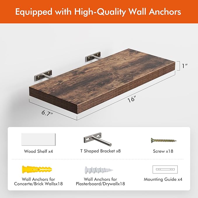 16’’Rustic Brown Floating Shelves for Wall Set of 4,Rustic Wood Shelf for Room Decor/Storage/Display,Small Bookshelf,Wall Mounted Hanging Shelves for Bedroom, Bathroom, Living Room, Kitchen