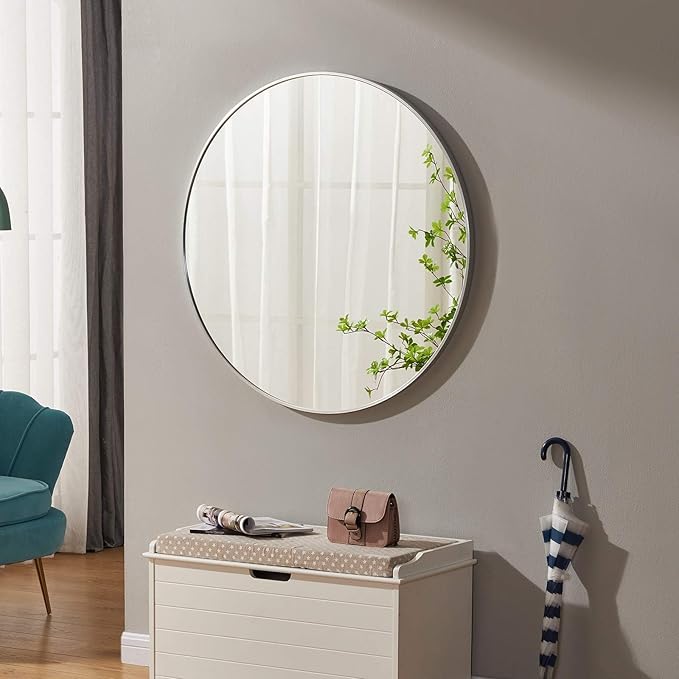 Itrue 30 Inch Round Wall Mirror, Brushed Silver Metal Framed Circle Bathroom Mirror, Silver-Backed HD Glass Vanity Mirror for Over Sink, Modern Decorative Mirror for Living Room, Entryway, Hallway