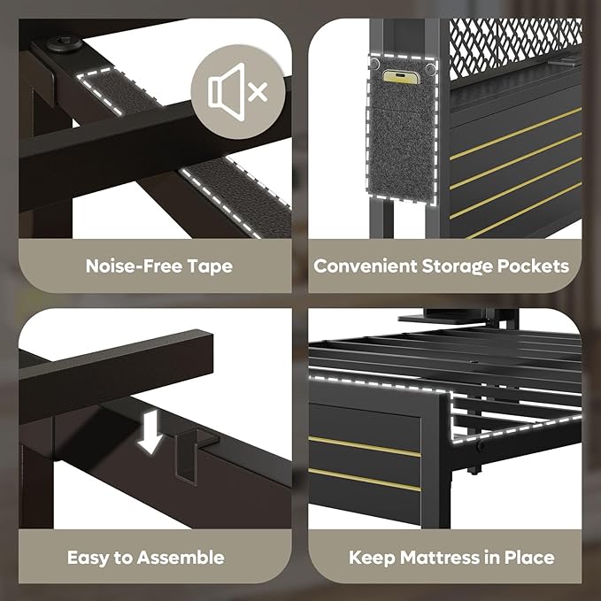 Bestier Queen Bed Frame with Horizontal Golden Stripe Storage Headboard&LED Nightstands, Metal Platform Bed with Charging Station, Heavy Duty Metal Slats, No Box Spring Needed, Noise Free(Matte Black)