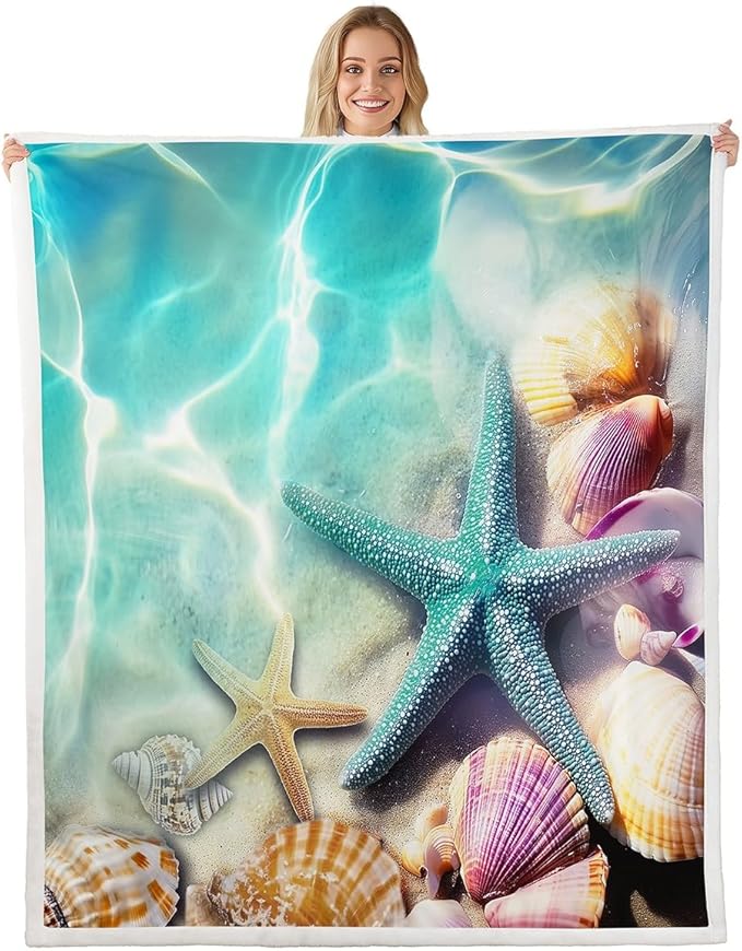 Erosebridal Ocean Beach Fleece Blanket - Starfish Conch Shell Throw Teal Calm Sea Coastal Sherpa for Kids Girls Women - Hawaiian Beach Holiday Fuzzy Throw 50"x60" Purple Yellow