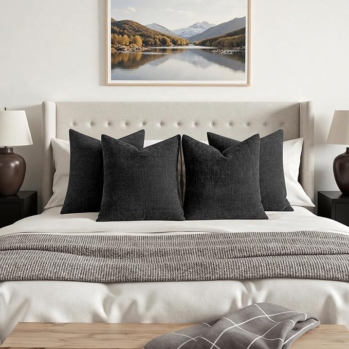 MIULEE Pack of 4 Decorative Throw Pillow Covers 18x18 Inch Black Chenille Textured Throw Pillows Boho Farmhouse Accent Cushion Covers for Modern Home Decor Couch Sofa Bed Living Room