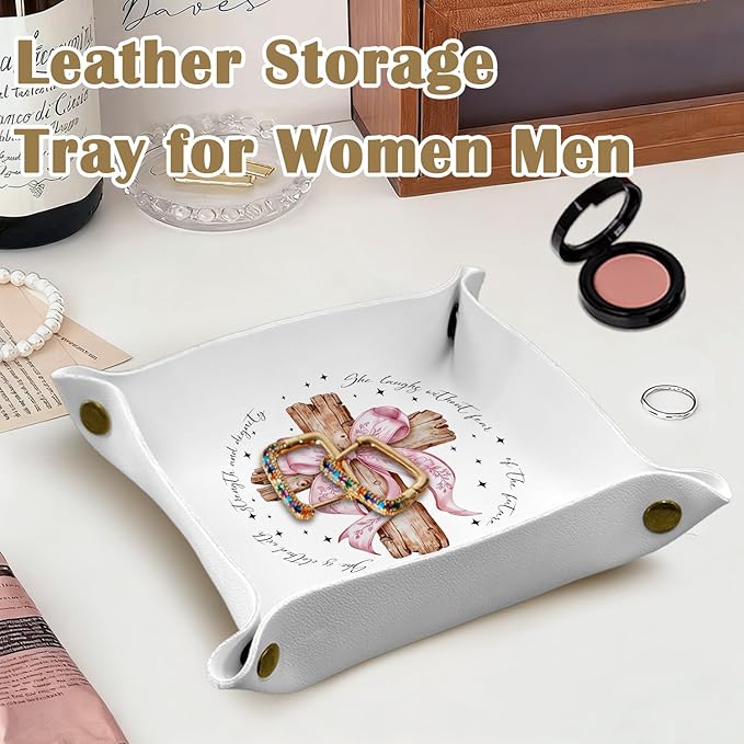 Christian Gifts for Women Faith - Proverb 31 Woman Gifts Religious Pink Bow Bible Verse PU Leather Catchall Beside Caddy Nightstand Organizer Tray for Rings Watches,7.87x7.87in