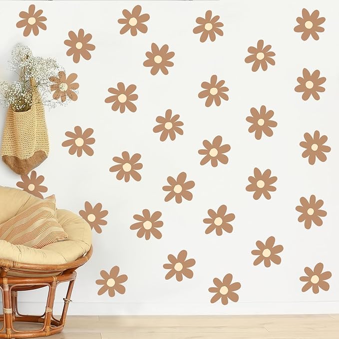 BBTO Daisy Wall Decal Flower Vinyl Wall Decals Daisy Stickers Floral Decals Peel and Stick for Nursery Art Bedroom Living Room(Simple Style,Brown)