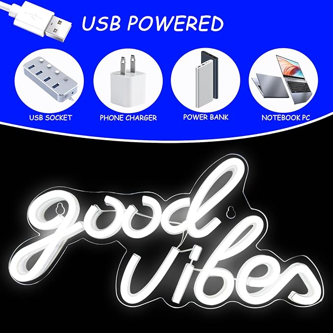 Good Vibes Neon Sign White Good Vibes Neon Lights USB Operated Aesthetic LED Signs for Bedroom Wall Decor Birthday Party Wedding Salon Bar Home Girl Cave