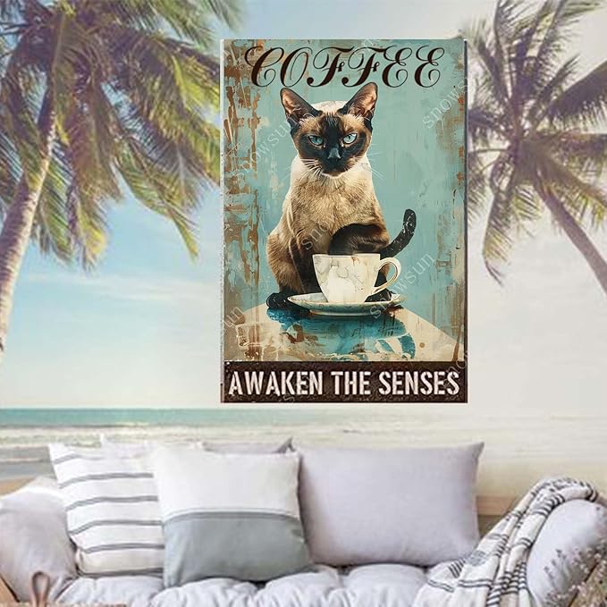 snowsun Funny Drink Coffee Cat Vintage Metal Tin Sign Aluminum Metal Signs Retro Metal Sign Bar Cafe Restaurant Room 8X12 Inches