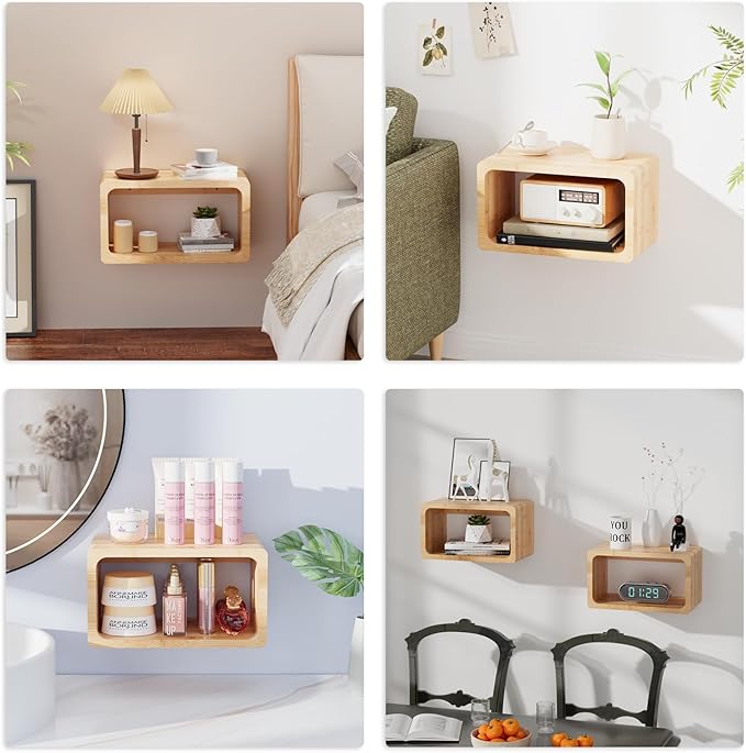 Bamboo Floating Nightstand with Storage Drawer and Modern Open Shelf Cubby，Bedroom, Living Room, Kitchen, Tool Room for use. (Natural, Prepare for Departure)