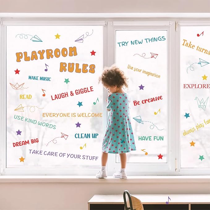 HLNIUC Playroom Wall Sticker(35”x24”) Be Creative Window Cling, Kids Inspirational Quotes Wall Stickers, Colorful Inspiring Words Art Decal, Playroom Rules Room Decals for Kids Room Living Room Decor
