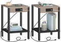 HOOBRO Side Table with Charging Station, Set of 2 End Table with USB Ports and Outlet, Nightstand with 2-Tier Storage Shelf, Faux Rattan Decoration, for Small Space, Greige and Black BG91UBZP201