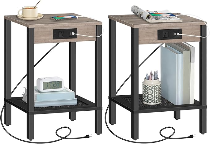 HOOBRO Side Table with Charging Station, Set of 2 End Table with USB Ports and Outlet, Nightstand with 2-Tier Storage Shelf, Faux Rattan Decoration, for Small Space, Greige and Black BG91UBZP201