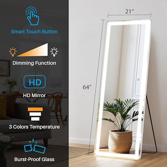 NEWBULIG Full Length Mirror with Stand 21"×64.2", LED Light Floor Standing with 3 Color Lighting for Bedroom Body Hanging Modern Simple Home Decor Wall Living Room Cloakroom