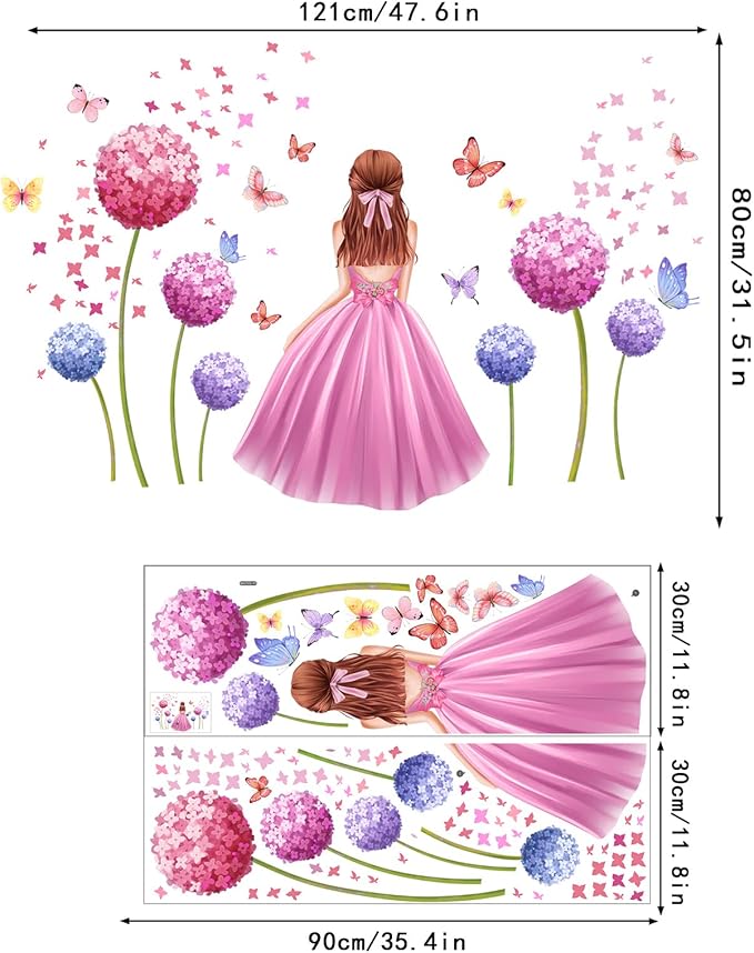 Pink Flower Wall Sticker Butterfly Fairy Girl Wall Decals DIY Purple Princess Removable Dandelion Floral Wall Decals Waterproof Decal Mural for Kids Nursery Bedroom