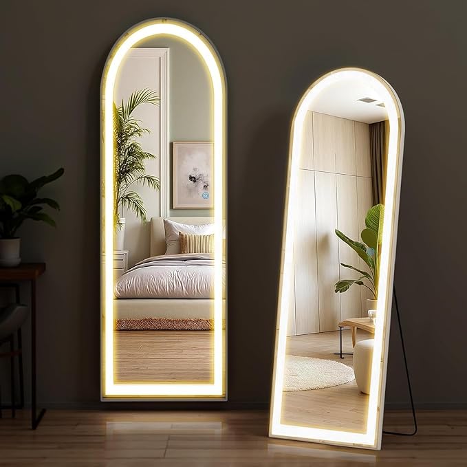 NEWBULIG Arched Full Length Mirror with Stand 16"×60", LED Light Floor Standing with 3 Color Lighting for Bedroom Body Hanging Modern Simple Home Decor Wall Living Room Cloakroom