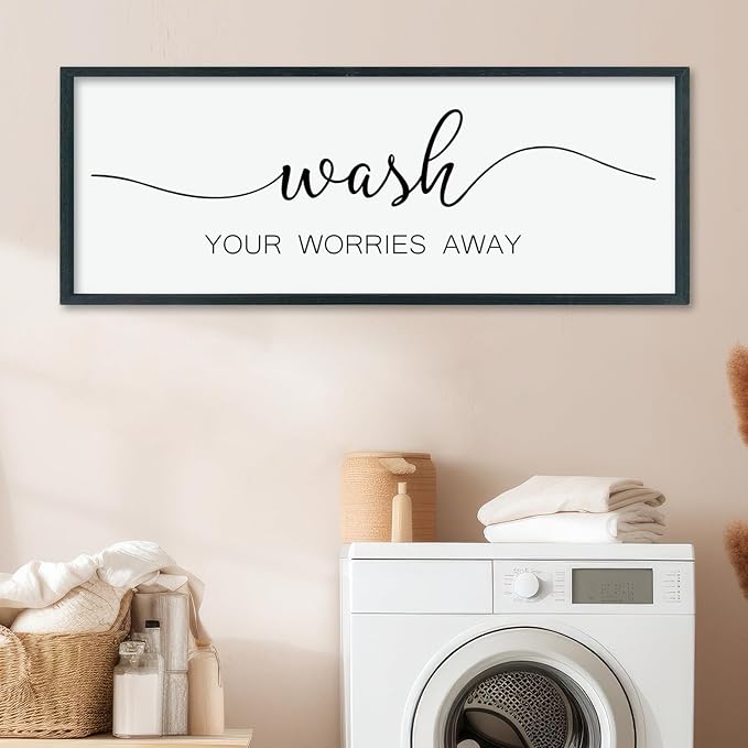 LuZhiQiang Laundry Room Wash Your Worries Away Wall Decor 40"×15" Inspirational Quote Sign for Bathroom Relaxation Room Rustic Farmhouse Large Wooden Framed Wall Hanging Art (Black)