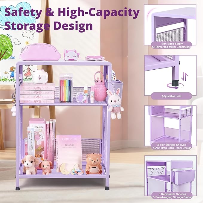 Kids Nightstand, 3-Tier Metal Side Table with Adjustable Storage Shelf, Basket & 3 S-Hooks, Small Bedside Table for Nursery, Toddler Bedroom and Small Spaces (Purple)