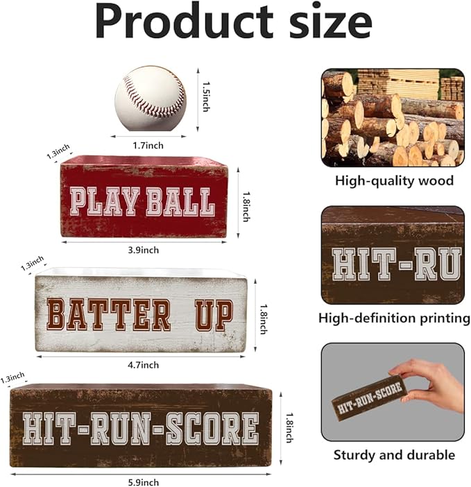 4 Pcs Baseball Table Decorations Sports Wooden Desk Sign Baseball Tiered Tray Decor Tabletop Centerpiece for Birthday Party Home Bedroom Teens Room Mantel Shelf